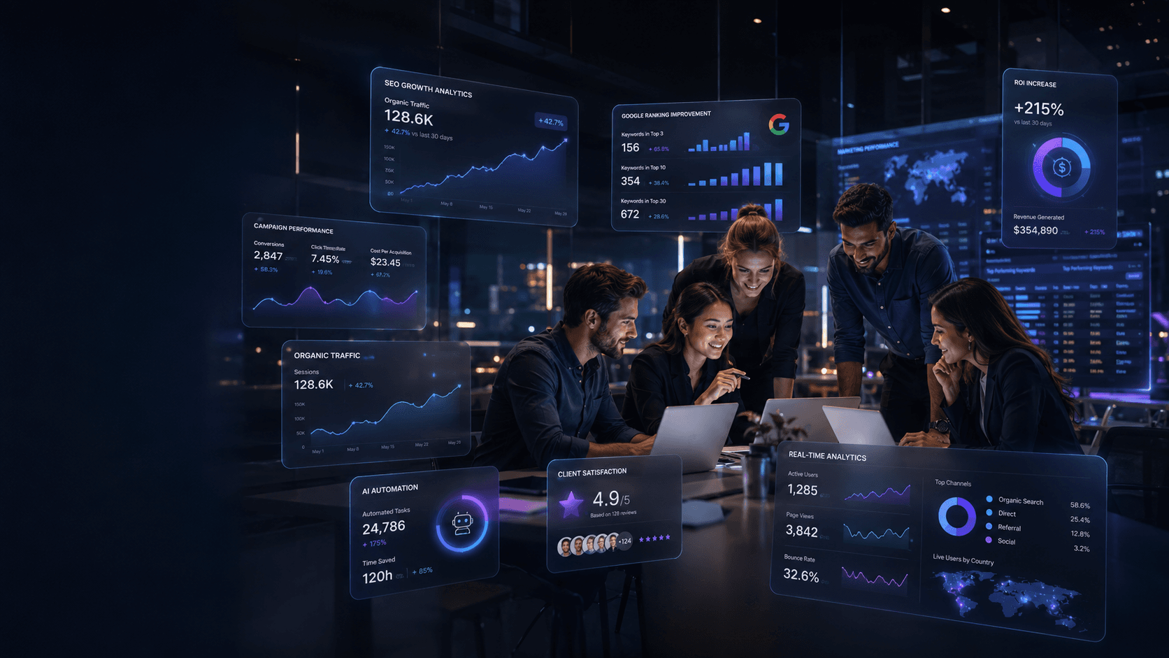 Modern agency team collaboration and digital analytics dashboard